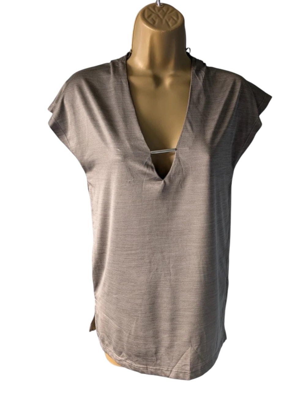 Zara Top, Taupe V-Neck Sleeveless Tank Top, Silver Metal Bar Detail, Medium